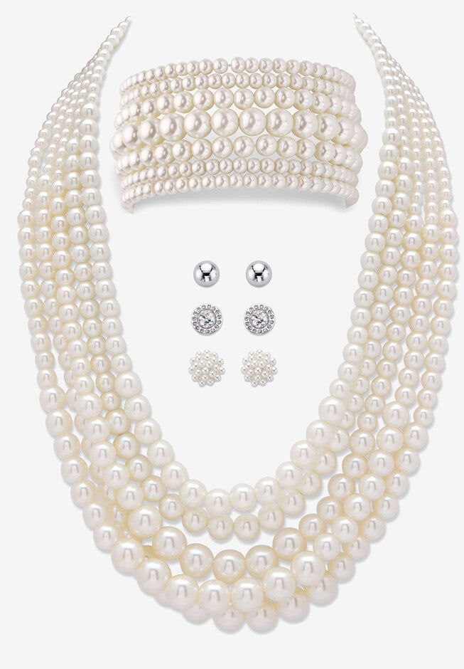 Silver Tone Simulated Pearl Multi Strand Necklace, Bracelet and Stud Earring Set, plus Extender, PEARL, hi-res image number null