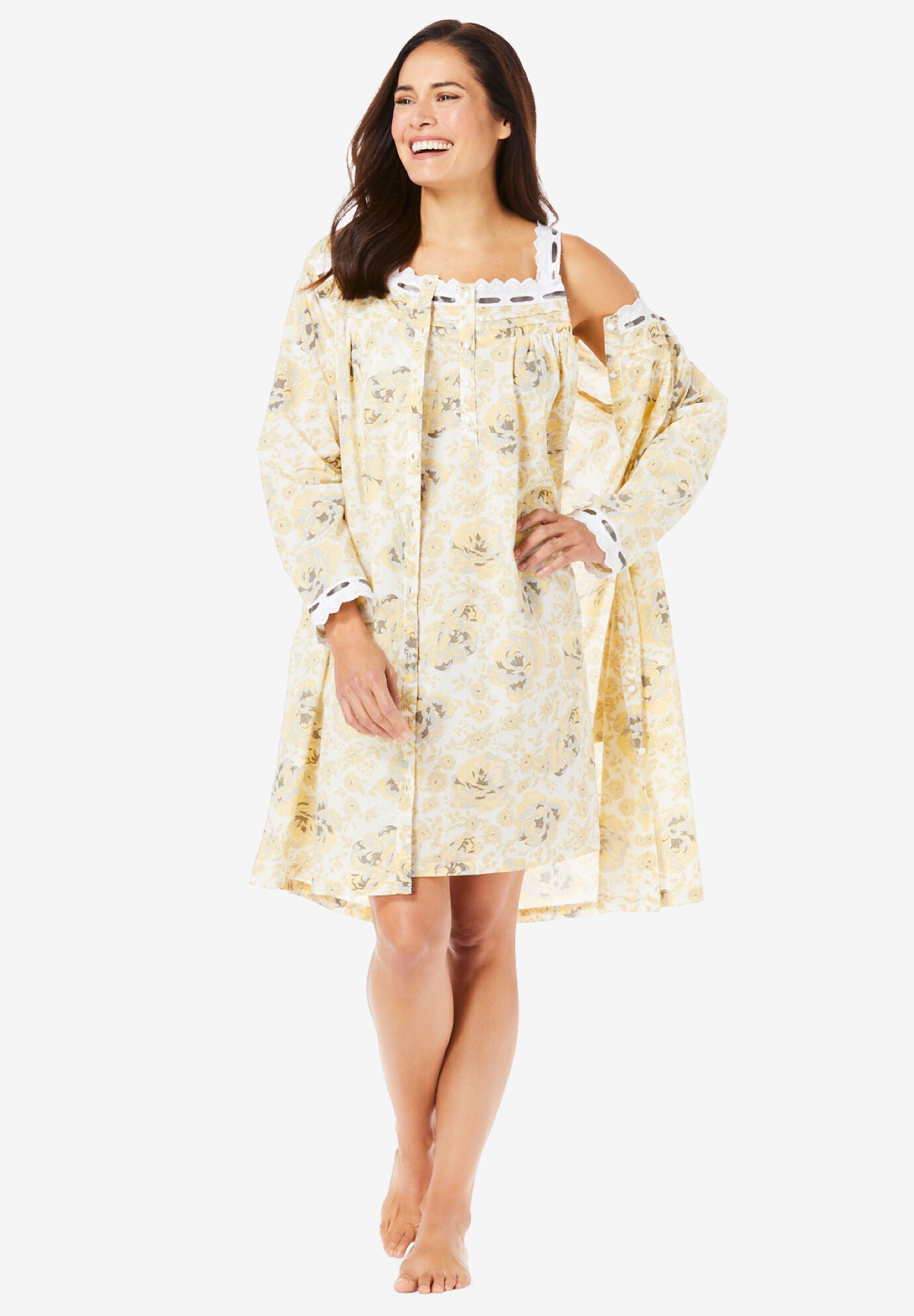 Elegant CabbageRose Peignoir Set Short 2Piece, Pink Floral Catherines