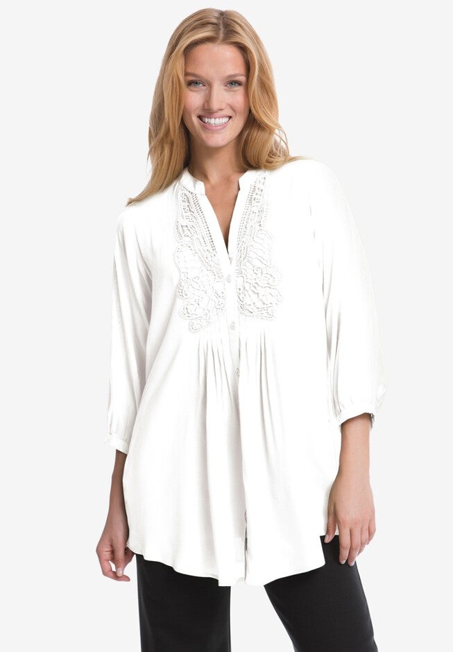 Crochet Detail Tunic Blouse, WHITE, hi-res image number null