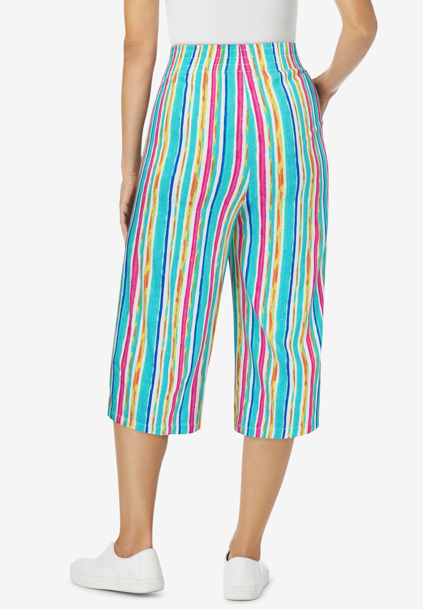 Elastic-Waist Pull-On Knit Pocket Capri Pants, WHITE MULTI WATERCOLOR STRIPE, alternate image number 3