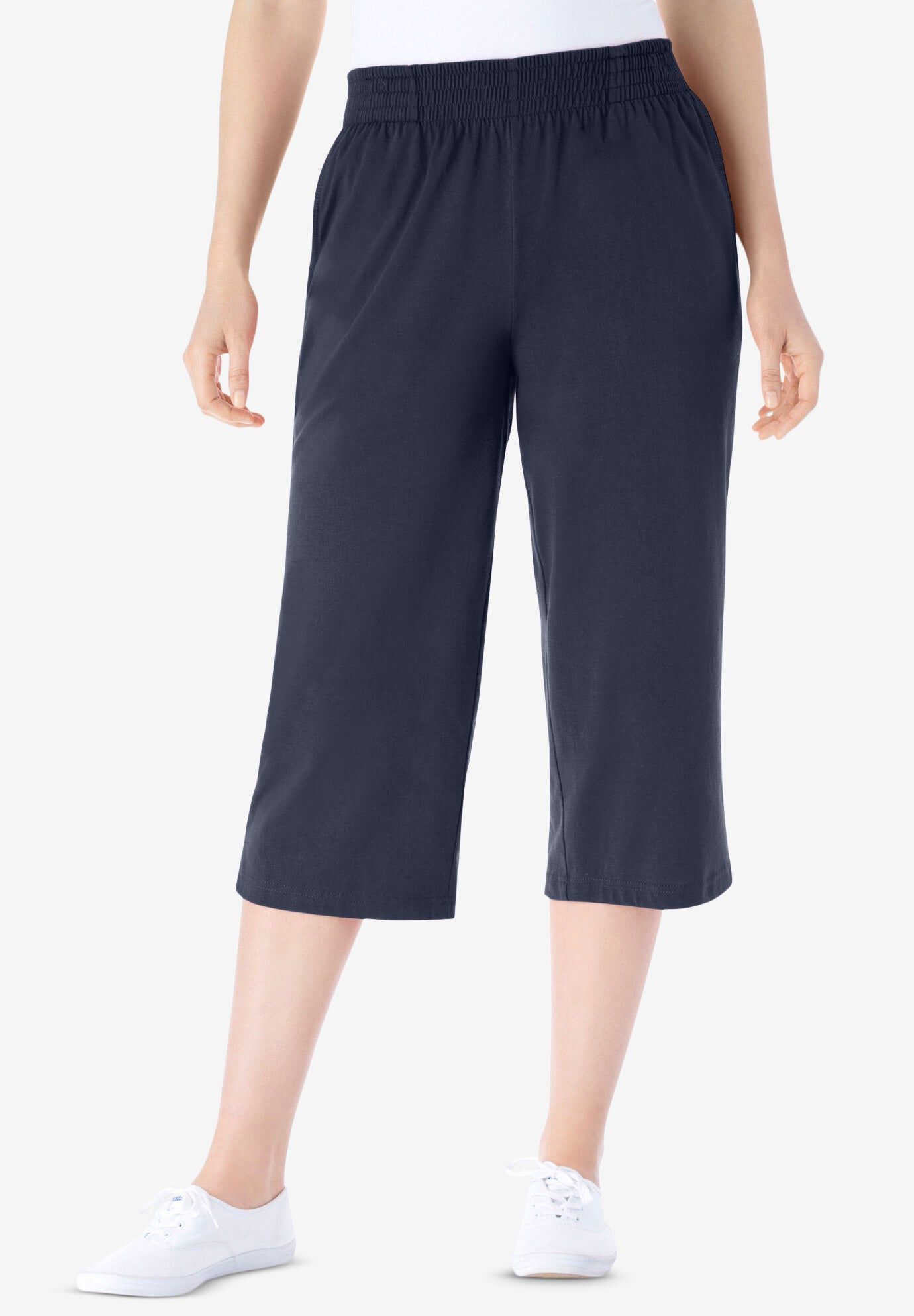 Elastic-Waist Pull-On Knit Pocket Capri Pants