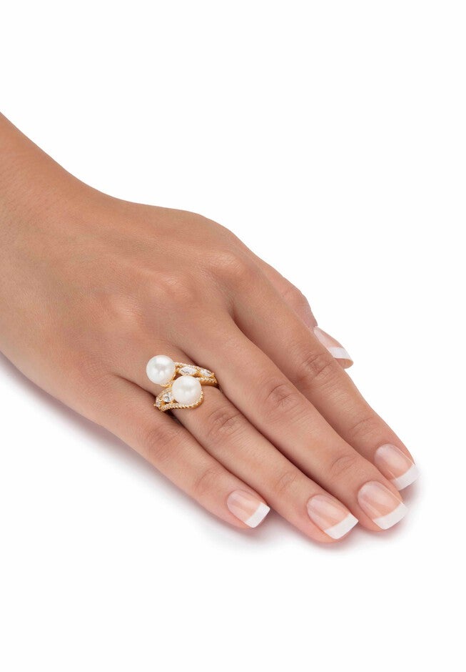 Gold over Sterling Silver Pearl and Marquise Cubic Zirconia Ring, , alternate image number 2