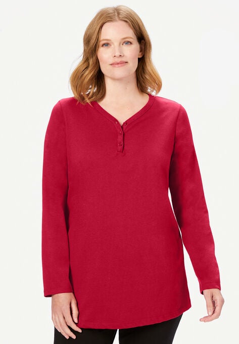 Long Sleeve Henley Sleepshirt, CLASSIC RED, hi-res image number null