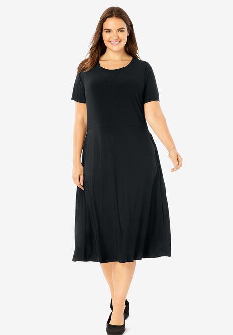 Short sleeve knit fit-and-flare dress | Catherines