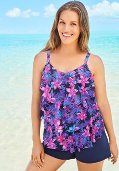 Longer-Length V-Neck Tiered-Ruffle Tummy Control Tankini Top