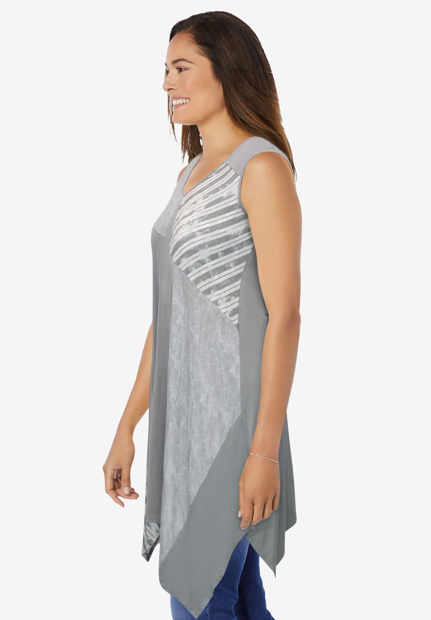 Sleeveless Hanky Hem Tunic, GUNMETAL TEXTURE STRIPE, alternate image number 2
