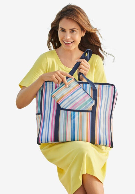 Two-Piece Mesh Tote Set, DEEP COBALT RAINBOW STRIPE, hi-res image number null