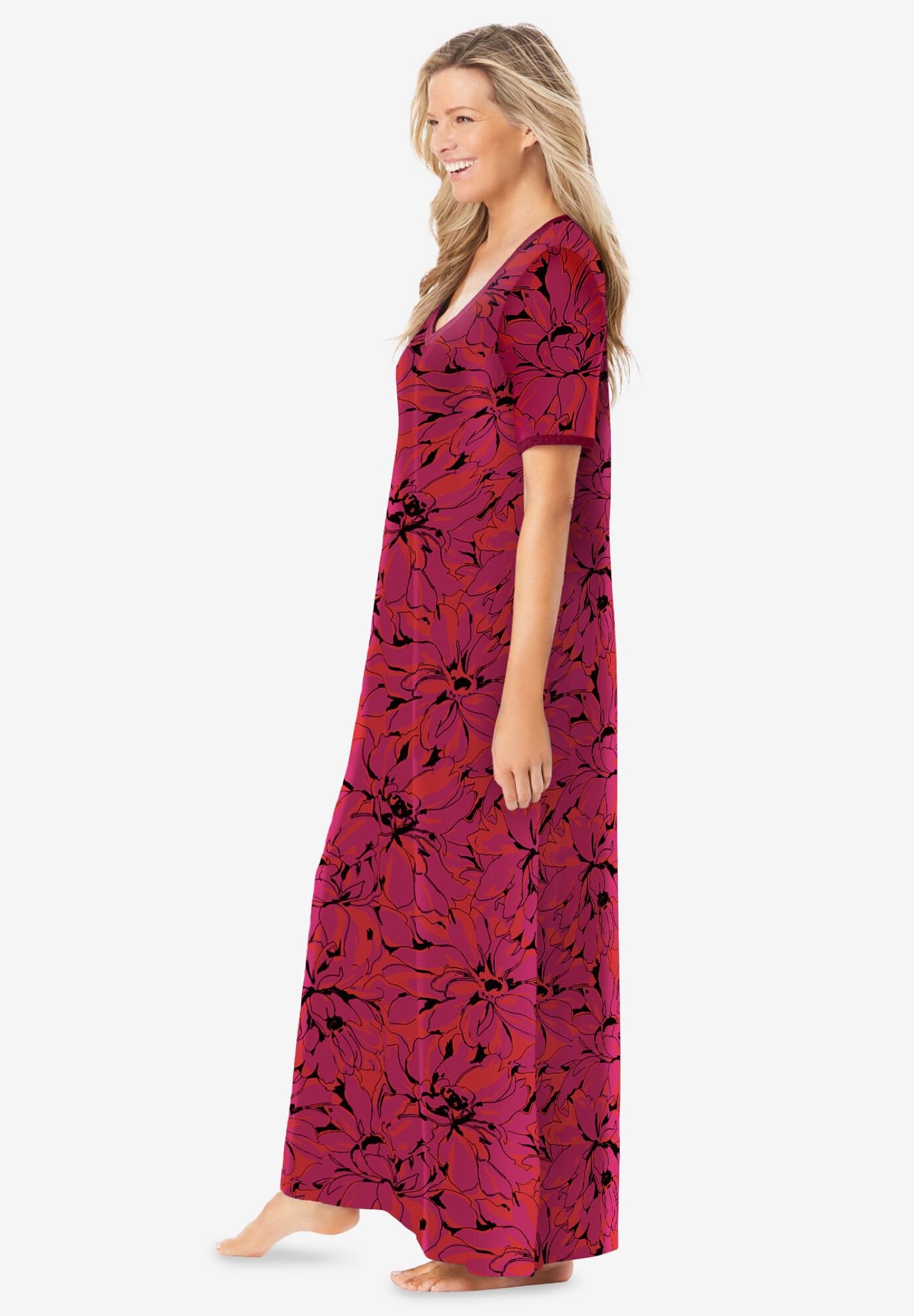 V-Neck Short Sleeve Maxi T-Shirt Lounger, RED FLORAL, alternate image number 2