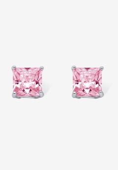 Sterling Silver Stud Princess Cut Simulated Birthstone Stud Earrings