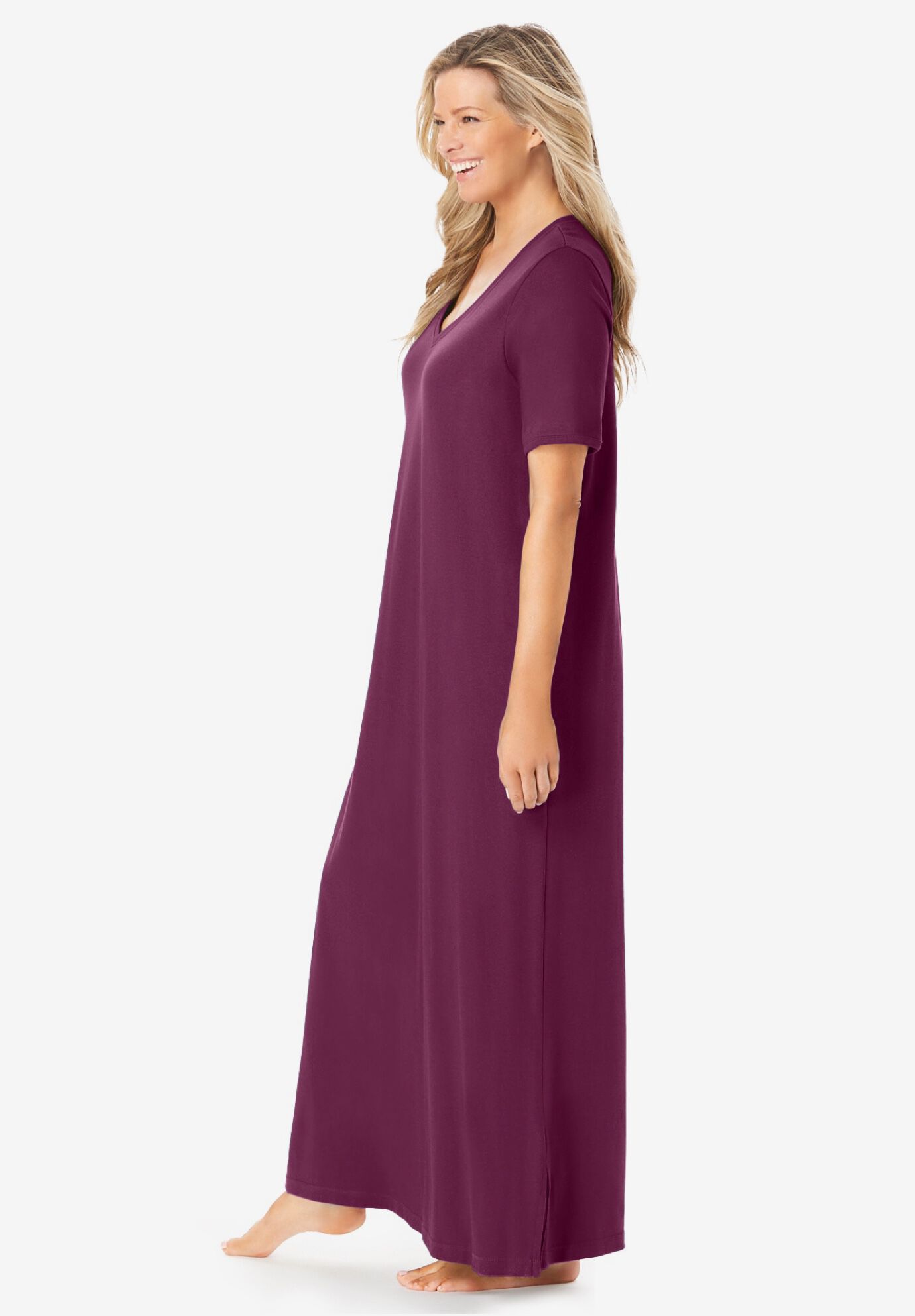 V-Neck Short Sleeve Maxi Lounger, DEEP CLARET, alternate image number 2