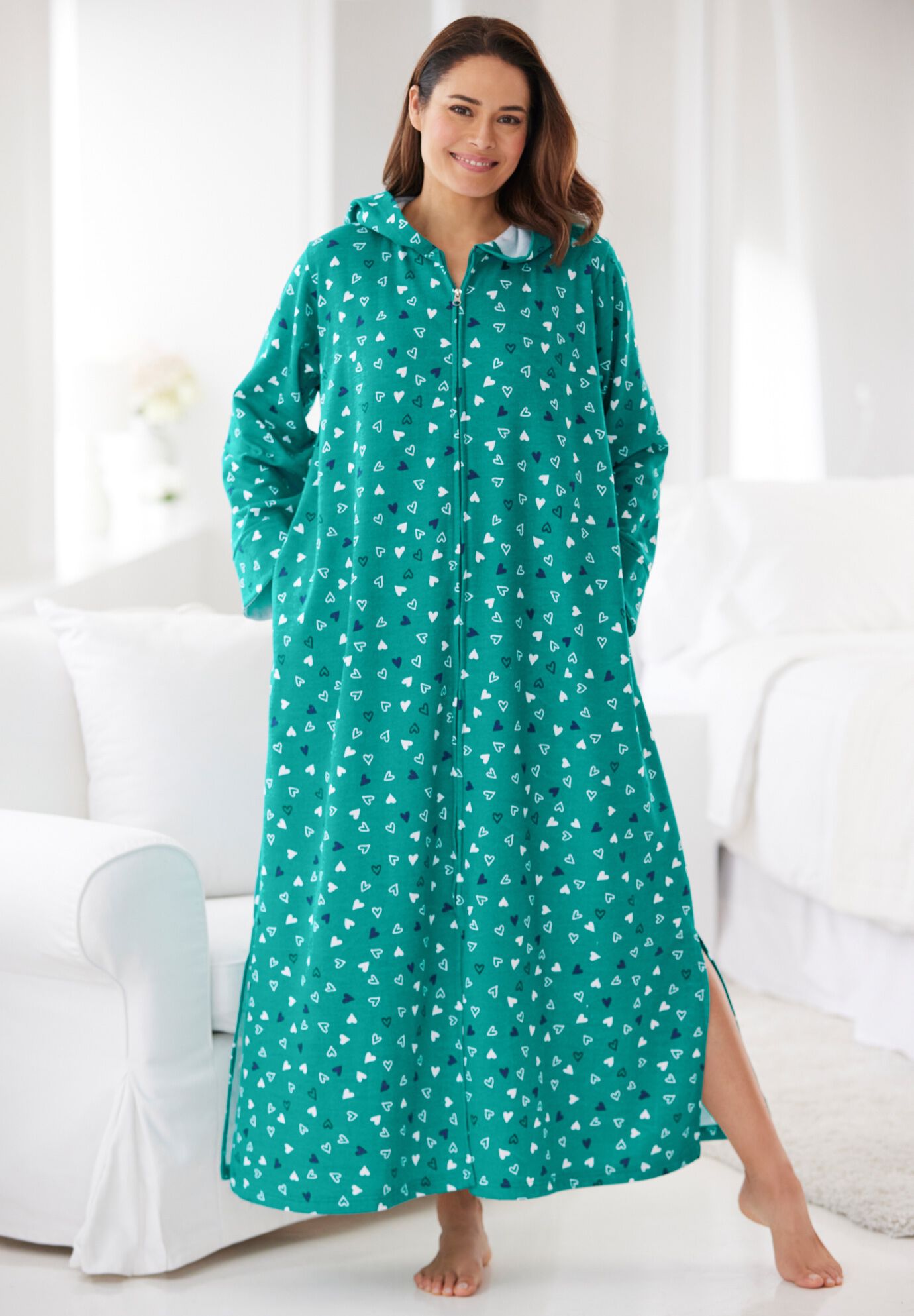 Hooded Fleece Robe with Full Front Zip Deep Teal Catherines