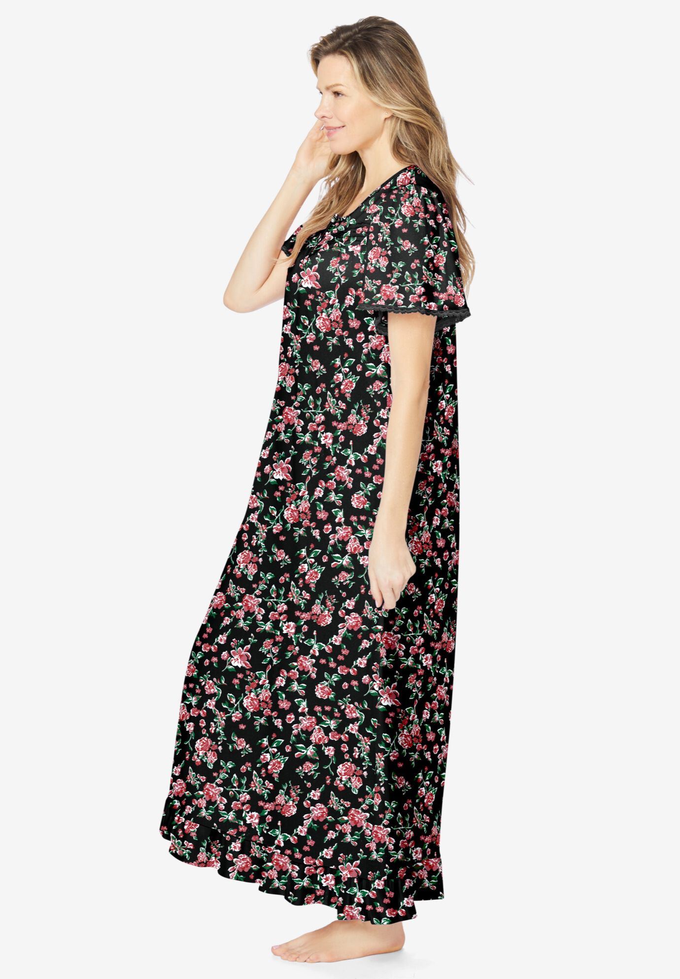 Long Floral Print Cotton Gown, BLACK ROSES, alternate image number 2