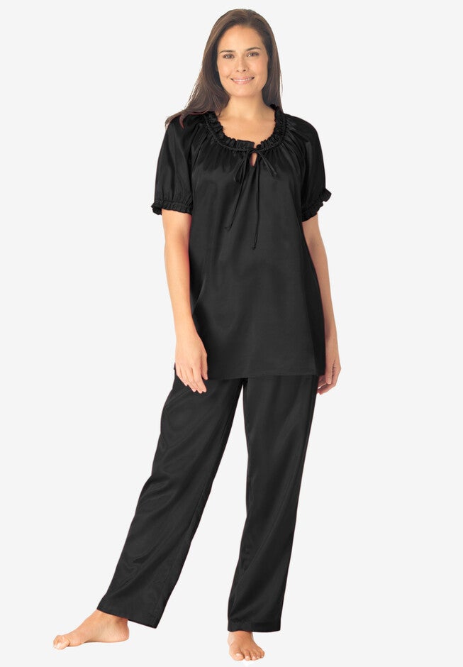 2-Piece Satin Peasant PJ Set, BLACK, hi-res image number null