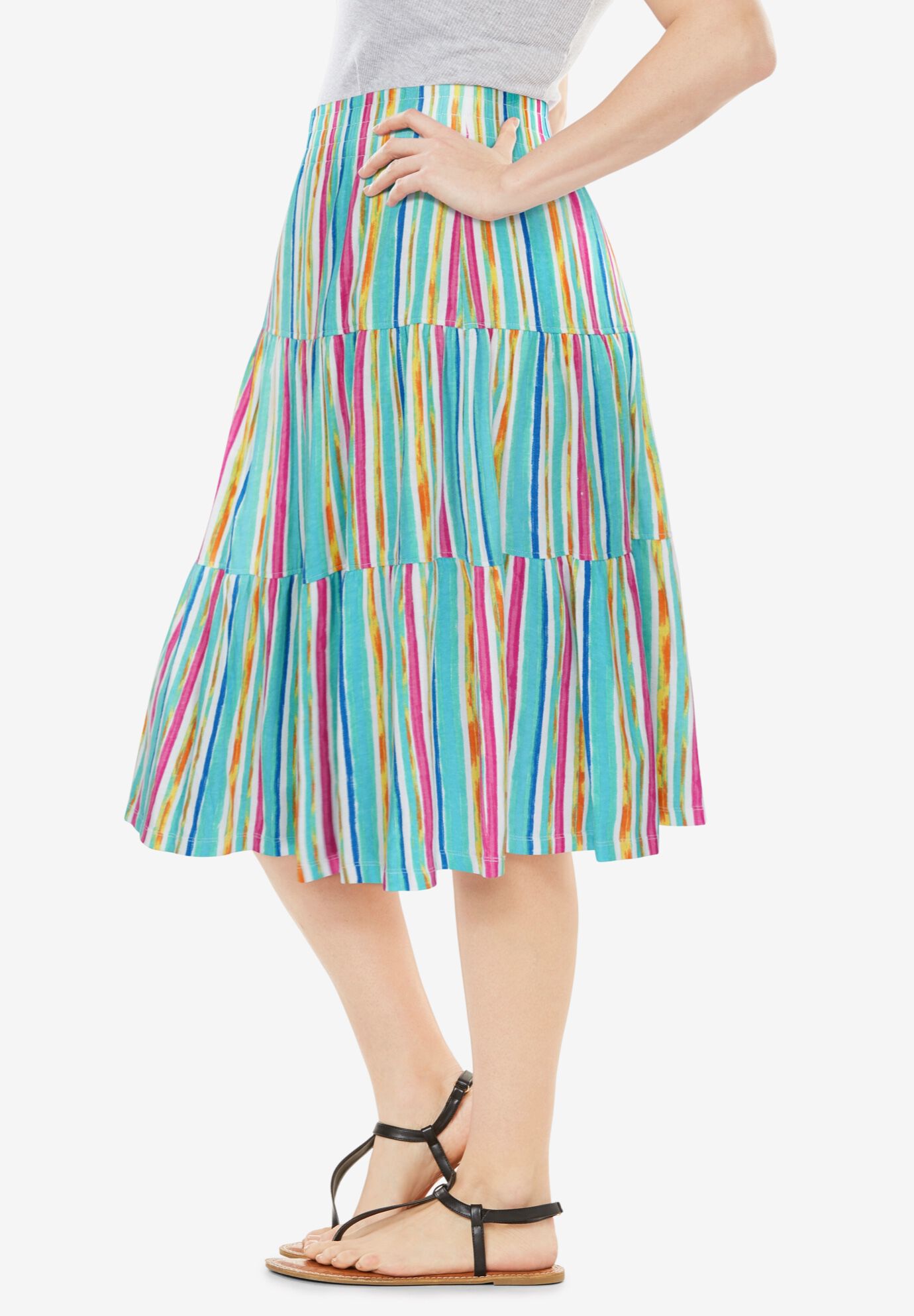 Elastic-Waist Knit Tiered Skirt, WHITE MULTI WATERCOLOR STRIPE, alternate image number 3