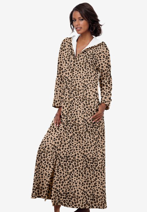 Long Hooded Fleece Sweatshirt Robe, CLASSIC LEOPARD, hi-res image number null