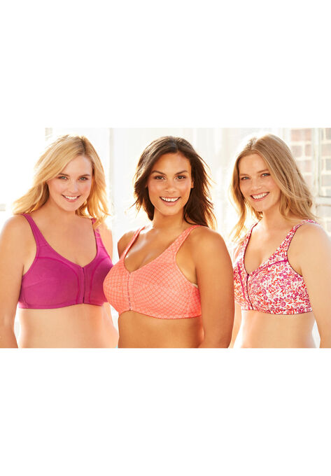 3-Pack Front-Close Cotton Wireless Bra , , alternate image number null