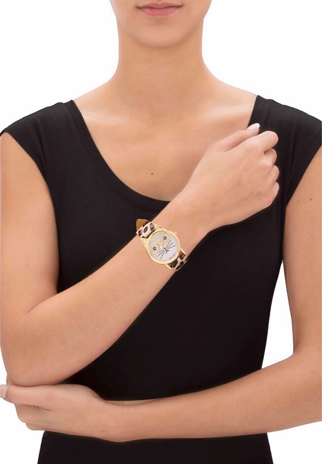 Gold Tone Leopard Print Cat Watch, 7.5 inches plus Extender, , alternate image number null