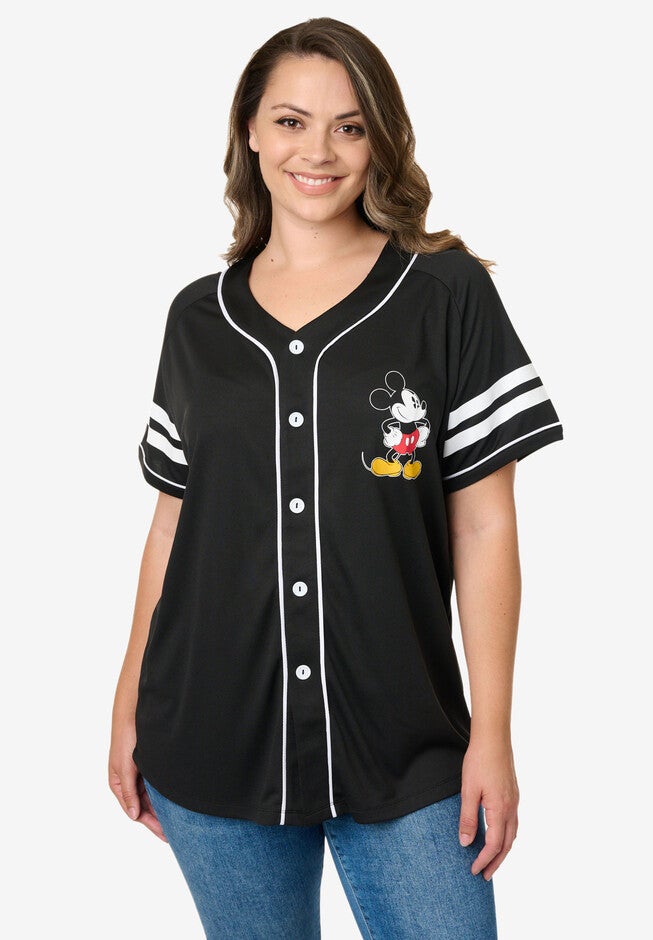 Disney Mickey Mouse Black Baseball Jersey Button Down Shirt, , alternate image number null