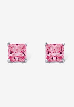 Sterling Silver Stud Princess Cut Simulated Birthstone Stud Earrings