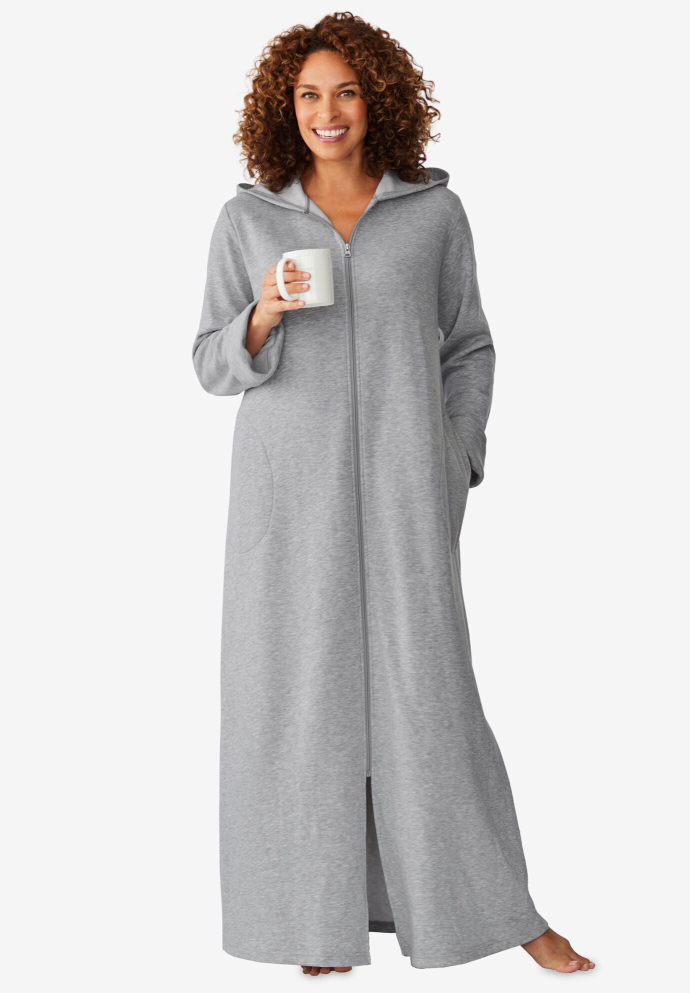 Hooded Fleece Robe with Full FrontZip, Heather Grey Catherines