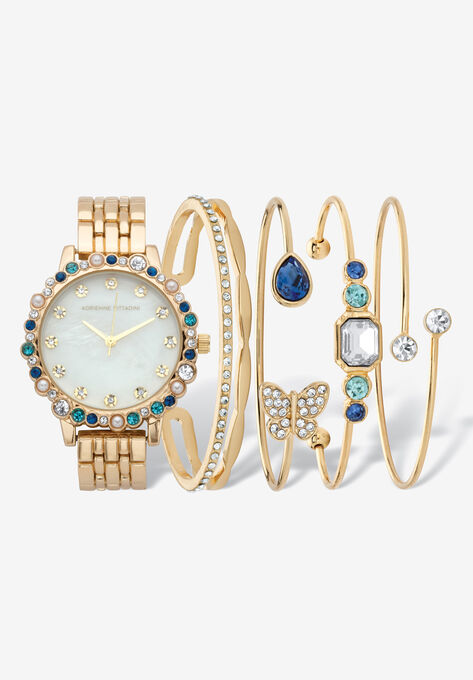 Goldtone Blue Crystal and Simulated Pearl 5 Piece Watch Bracelet Set, 7.5 inches, GOLD, hi-res image number null