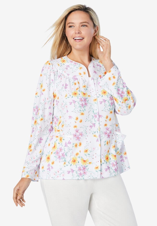 Waffle Knit Short Robe, WHITE MEADOW, hi-res image number null