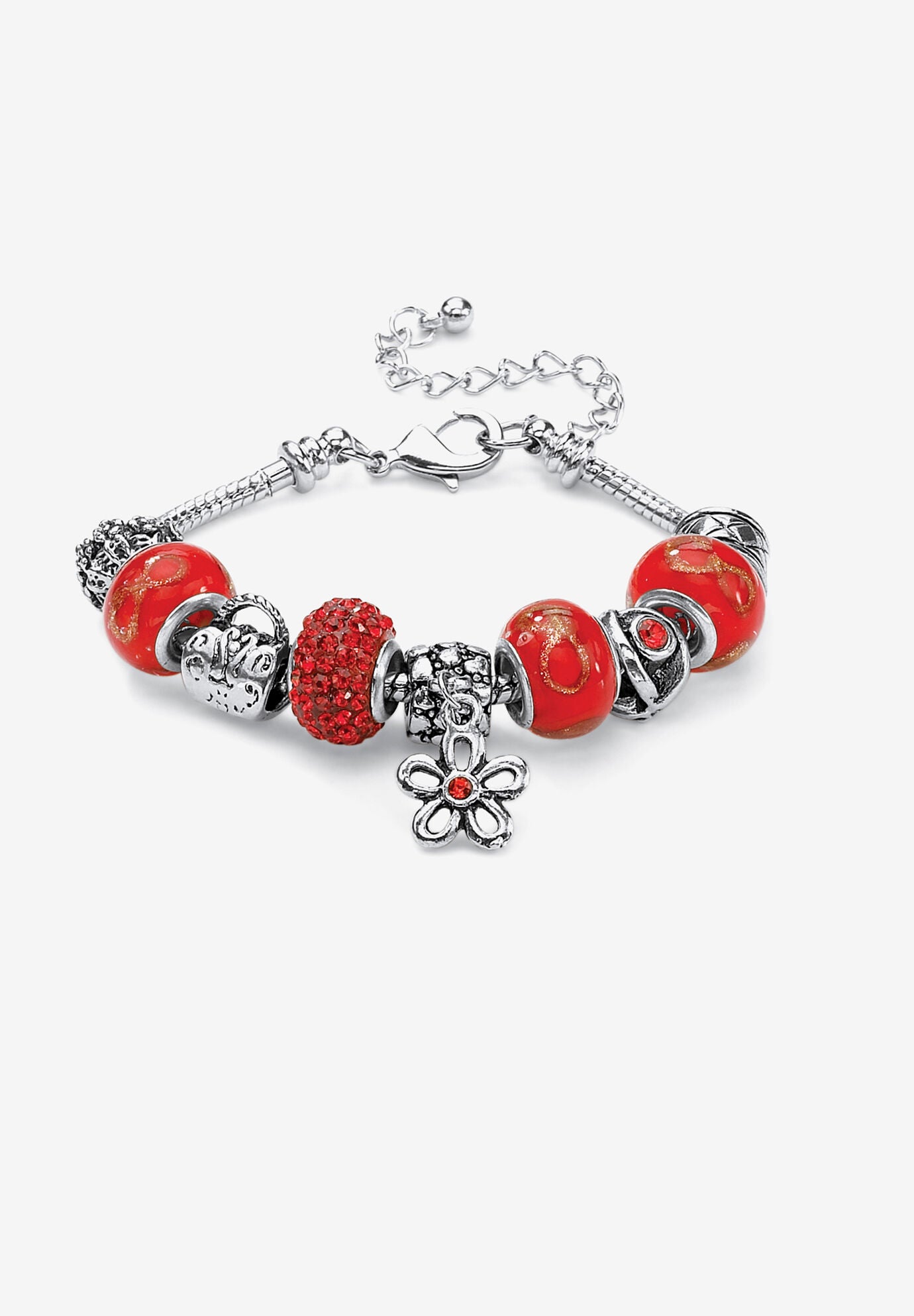Bali Style Red Crystal Charm 8 inches Bracelet in Silvertone, JULY, hi-res image number 0
