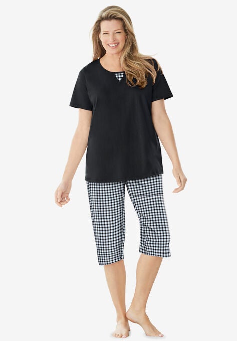 2-Piece Short-Sleeve & Capri PJ set, BLACK WHITE GINGHAM, hi-res image number null