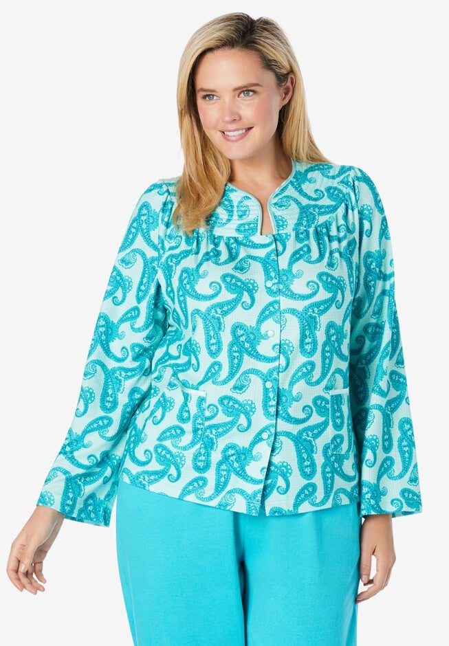 Waffle Knit Short Robe, PALE OCEAN PAISLEY, hi-res image number 0