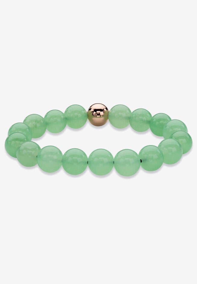 Yellow Gold Stretch Bracelet with Beaded Genuine Green Jade, 7 inches, JADE, hi-res image number 0
