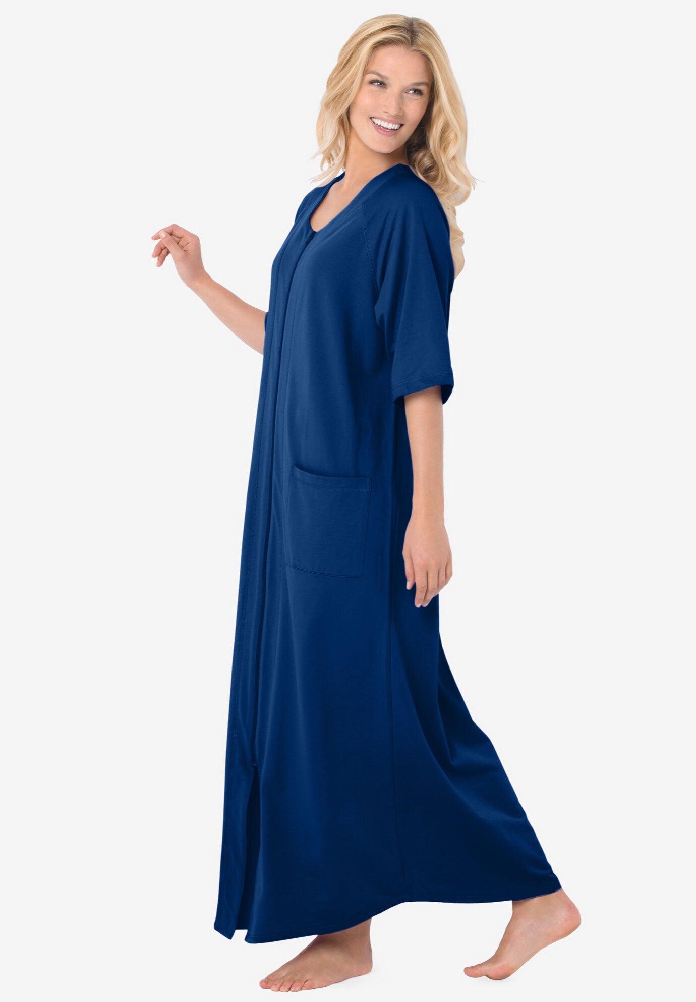French Terry Zip Front Long Robe Sleepwear Evening Blue Catherines