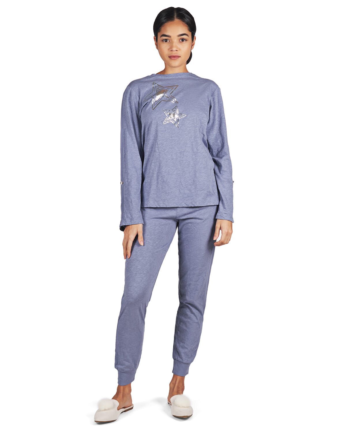 Women's 100% Cotton Slub Knit Metallic Star Accent Pajama Set, BLUE, alternate image number 1