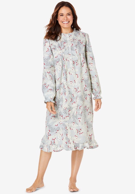 Cotton Flannel Print Short Gown , PEARL GREY HOLIDAY HOLLY, hi-res image number null