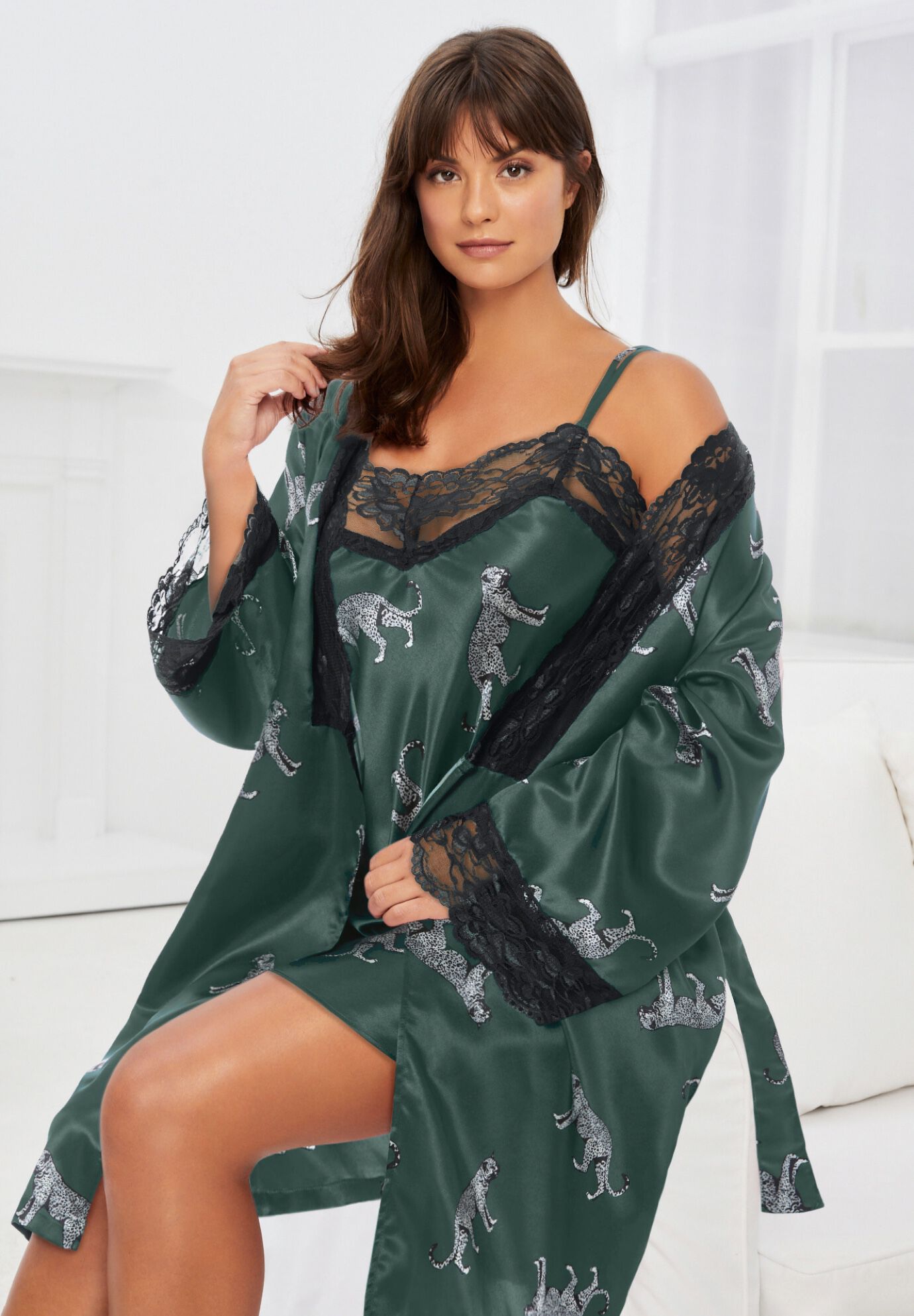 Satin Peignoir Set - Lace Trimmed Elegance, Plum Burst | Catherines