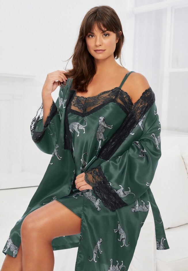 Satin Peignoir Set - Lace Trimmed Elegance, Plum Burst | Catherines