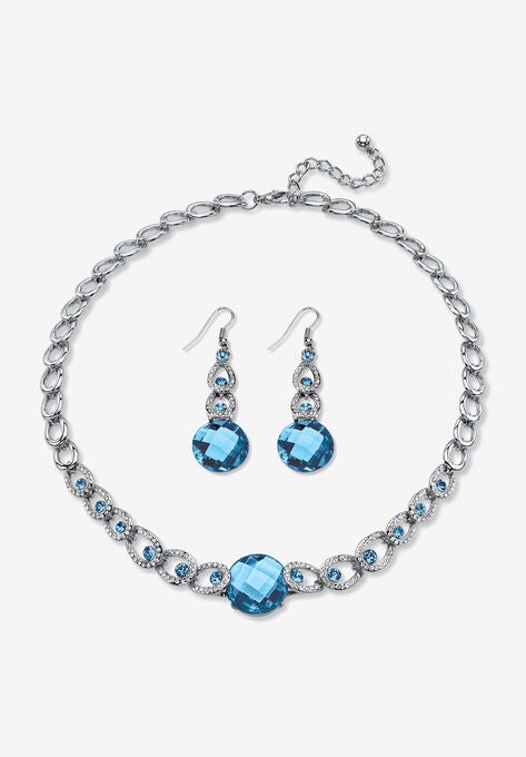 Silver Tone Collar Necklace and Earring Set, Simulated Birthstone, MARCH, hi-res image number null