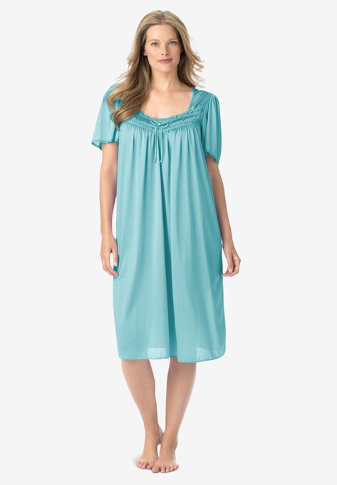 Short Silky Lace-Trim Gown , PALE OCEAN, hi-res image number null