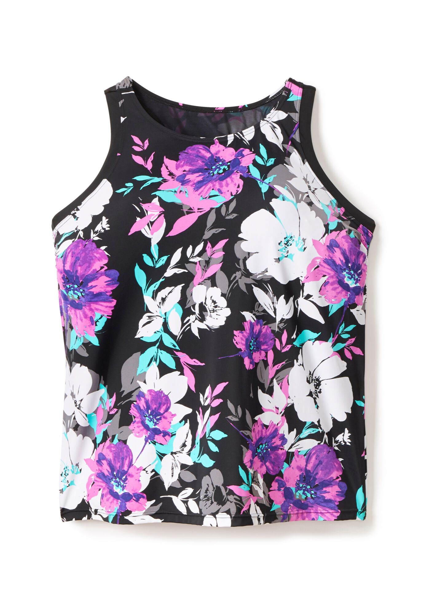 Longer-Length High-neck Racerback Tankini Top, PINK GRAPHIC PEONY, alternate image number 4