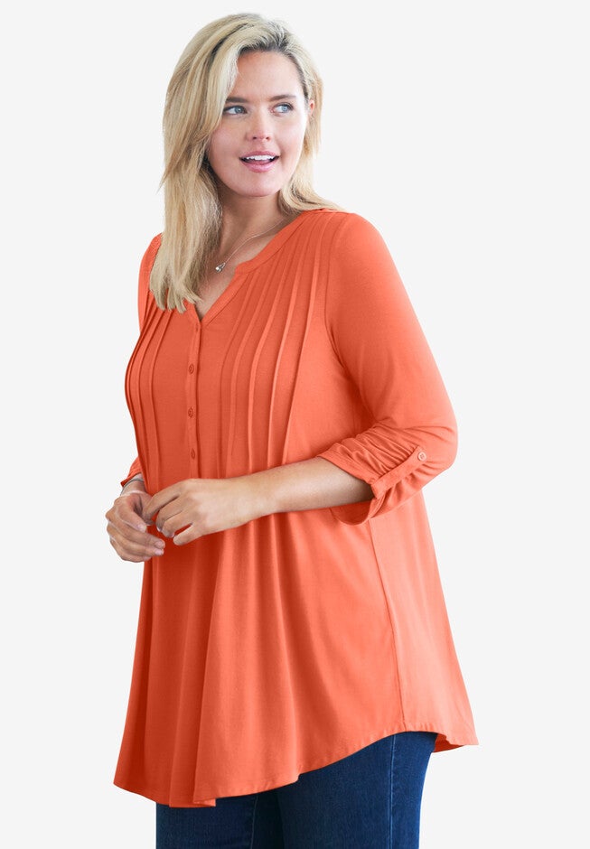 Pleated Henley Top, PUMPKIN, hi-res image number 0