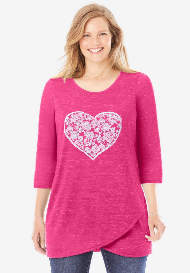 Marled Tulip Hem Layered Tunic, RASPBERRY SORBET HEART PLACEMENT, hi-res image number null