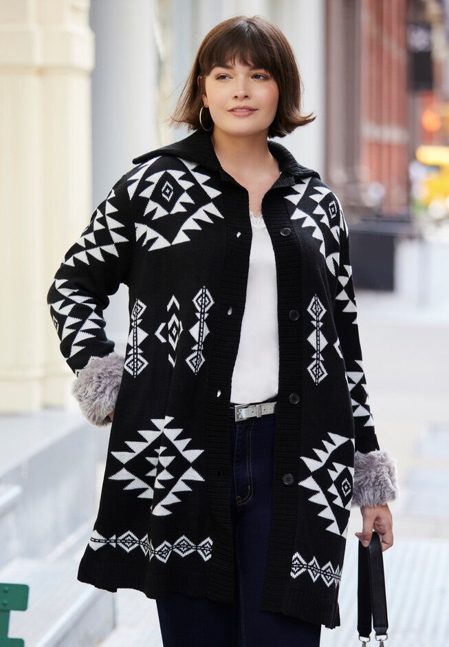 Fur Trim Cardigan, BLACK GEO, hi-res image number null