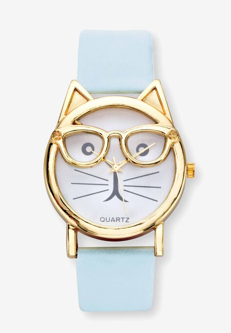Gold Tone Bowtie Cat Watch with Adjustable Light Blue Strap, 8", CRYSTAL, hi-res image number null