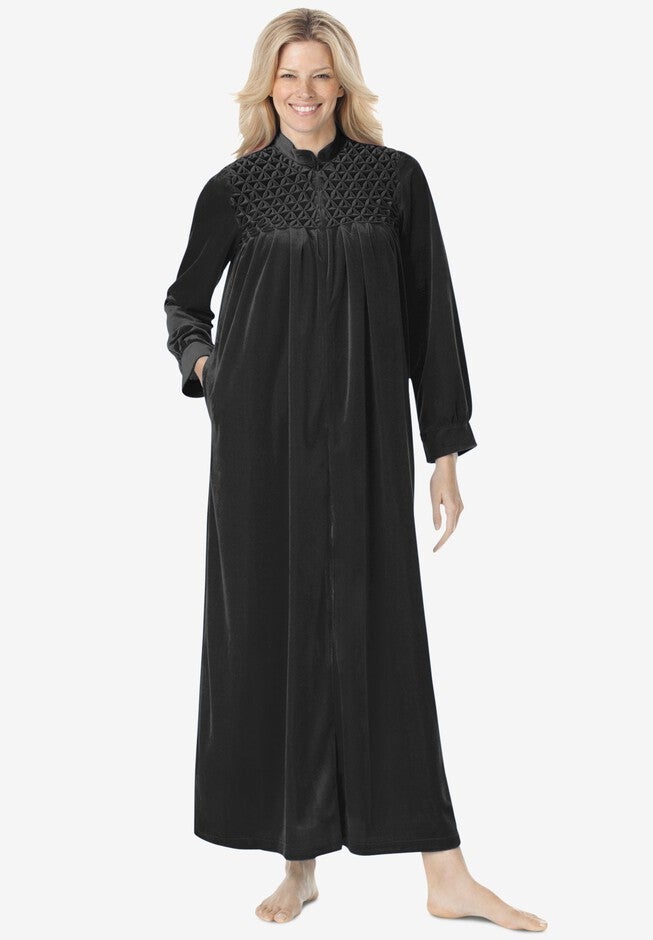 Smocked Velour Long Robe with Stand-Up Collar, Black | Catherines