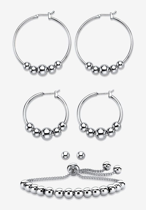 4-Piece Beaded Earrings and Bracelet Set in Silvertone, SILVER, hi-res image number null