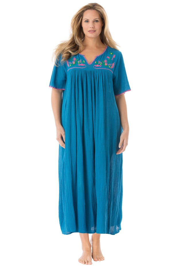 Short-Sleeve Gauze Lounger, DEEP TEAL FOLK EMBROIDERY, hi-res image number 0