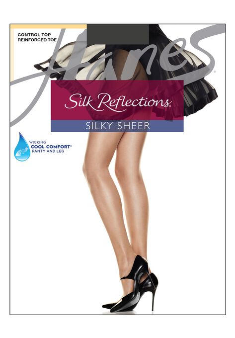 Silk Reflections Control Top Reinforced Toe Pantyhose, BLACK, hi-res image number null