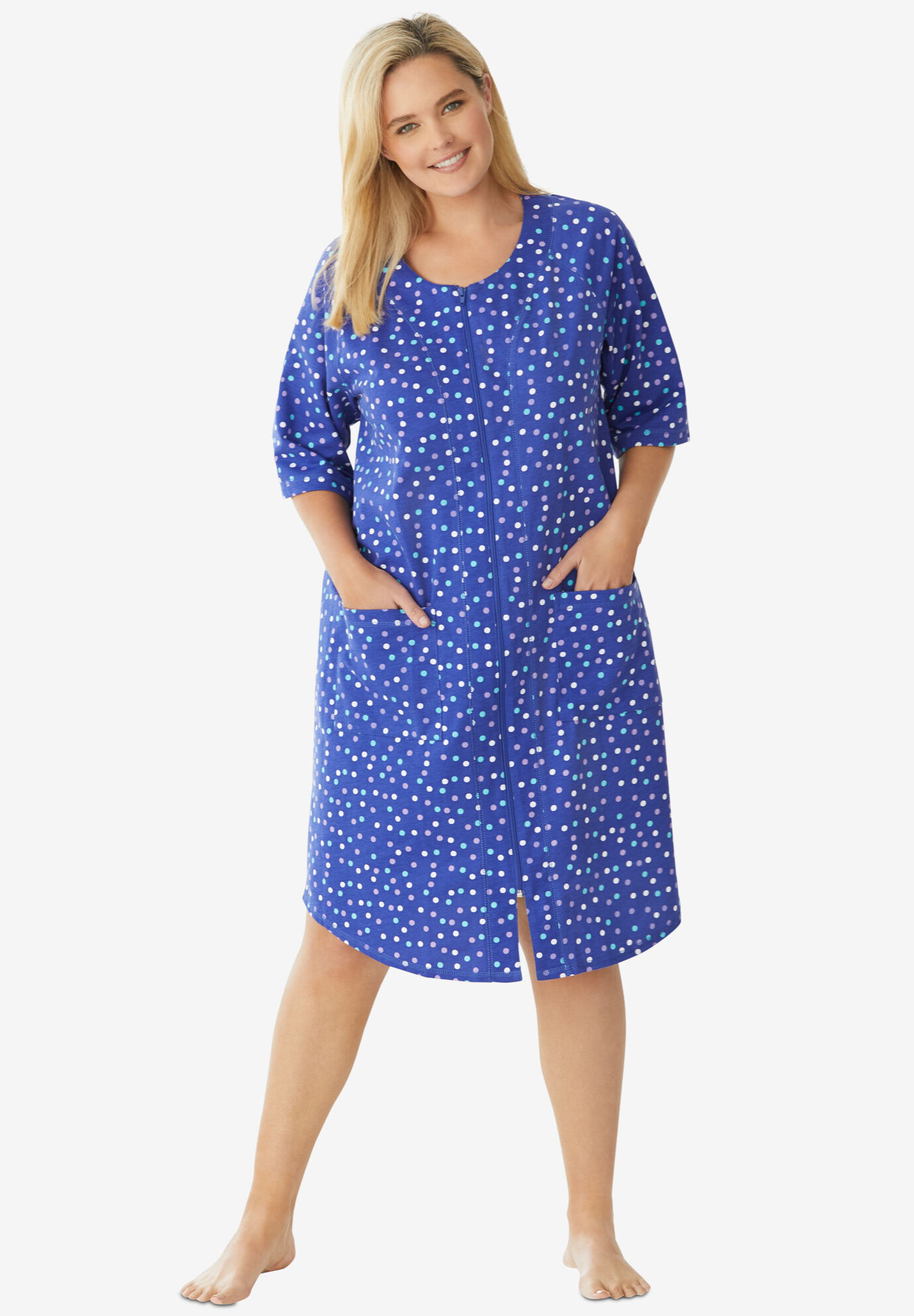 Dreams & Co Women's Plus Size Petite Long French Terry Zip-Front Robe L Ultra Blue Multi Dot 