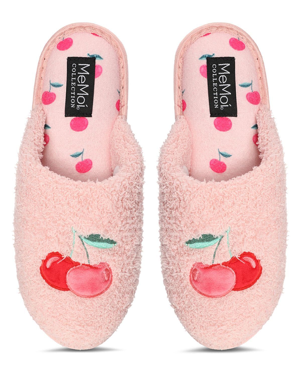 Women's Cherries Terry Slide Slippers, PINK, alternate image number 1