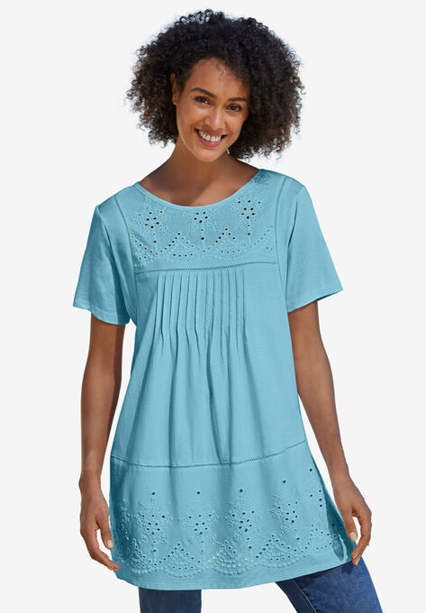 Embroidered Eyelet Pintucked Tunic, SEAMIST BLUE, hi-res image number null