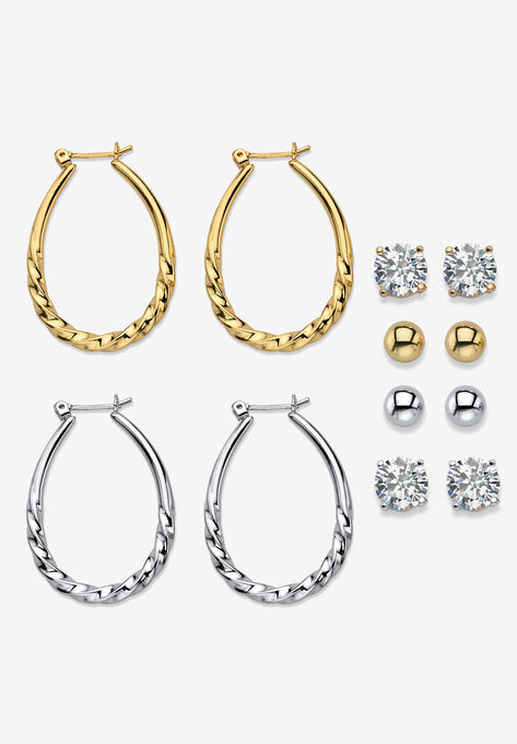 Cubic Zirconia Stud and Hoop Earrings, 6-Pair Set, GOLD, hi-res image number null